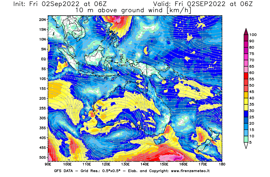 GFS analysi map - Wind Speed at 10 m above ground [km/h] in Oceania
									on 02/09/2022 06 <!--googleoff: index-->UTC<!--googleon: index-->
