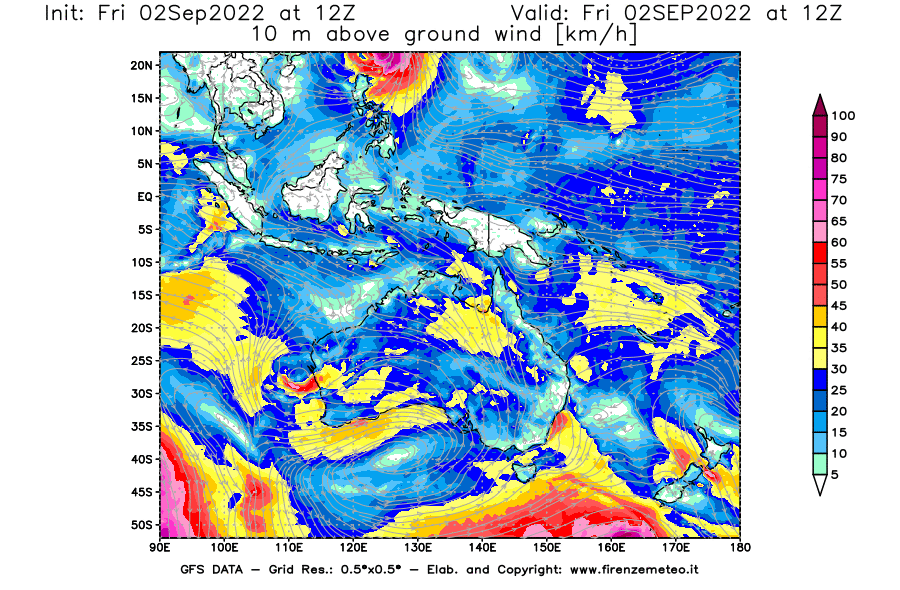 GFS analysi map - Wind Speed at 10 m above ground [km/h] in Oceania
									on 02/09/2022 12 <!--googleoff: index-->UTC<!--googleon: index-->