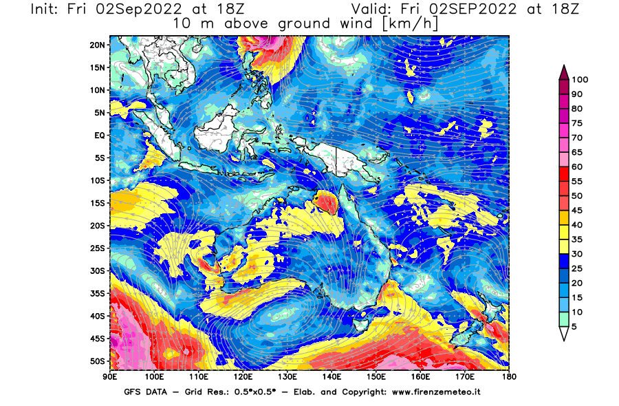 GFS analysi map - Wind Speed at 10 m above ground [km/h] in Oceania
									on 02/09/2022 18 <!--googleoff: index-->UTC<!--googleon: index-->