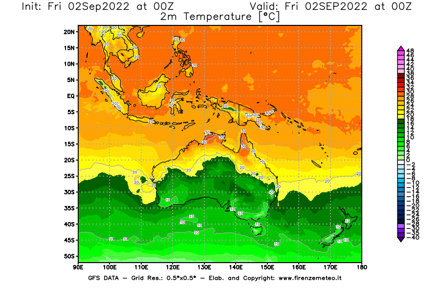 GFS analysi map - Temperature at 2 m above ground [°C] in Oceania
									on 02/09/2022 00 <!--googleoff: index-->UTC<!--googleon: index-->