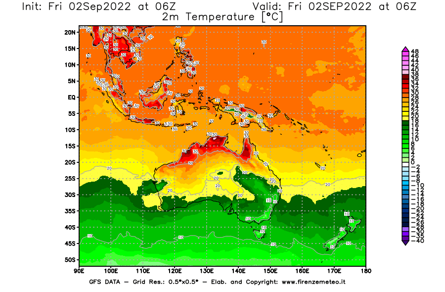 GFS analysi map - Temperature at 2 m above ground [°C] in Oceania
									on 02/09/2022 06 <!--googleoff: index-->UTC<!--googleon: index-->