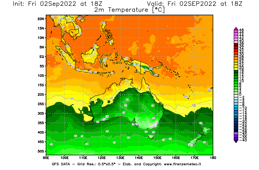 GFS analysi map - Temperature at 2 m above ground [°C] in Oceania
									on 02/09/2022 18 <!--googleoff: index-->UTC<!--googleon: index-->