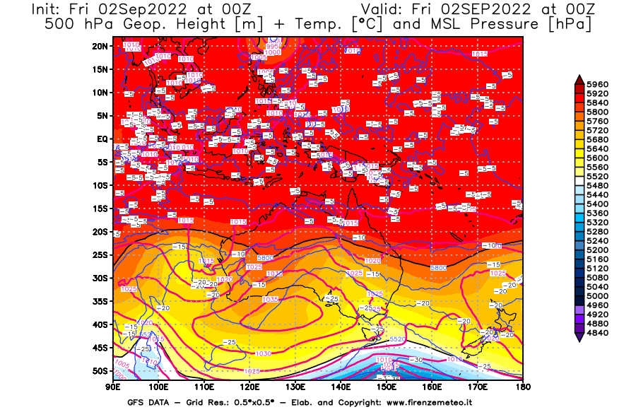GFS analysi map - Geopotential [m] + Temp. [°C] at 500 hPa + Sea Level Pressure [hPa] in Oceania
									on 02/09/2022 00 <!--googleoff: index-->UTC<!--googleon: index-->