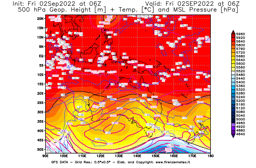 GFS analysi map - Geopotential [m] + Temp. [°C] at 500 hPa + Sea Level Pressure [hPa] in Oceania
									on 02/09/2022 06 <!--googleoff: index-->UTC<!--googleon: index-->
