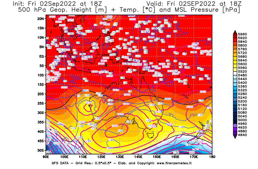 GFS analysi map - Geopotential [m] + Temp. [°C] at 500 hPa + Sea Level Pressure [hPa] in Oceania
									on 02/09/2022 18 <!--googleoff: index-->UTC<!--googleon: index-->
