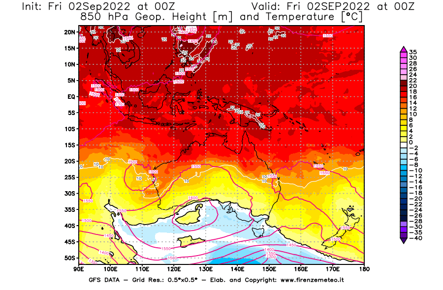 GFS analysi map - Geopotential [m] and Temperature [°C] at 850 hPa in Oceania
									on 02/09/2022 00 <!--googleoff: index-->UTC<!--googleon: index-->