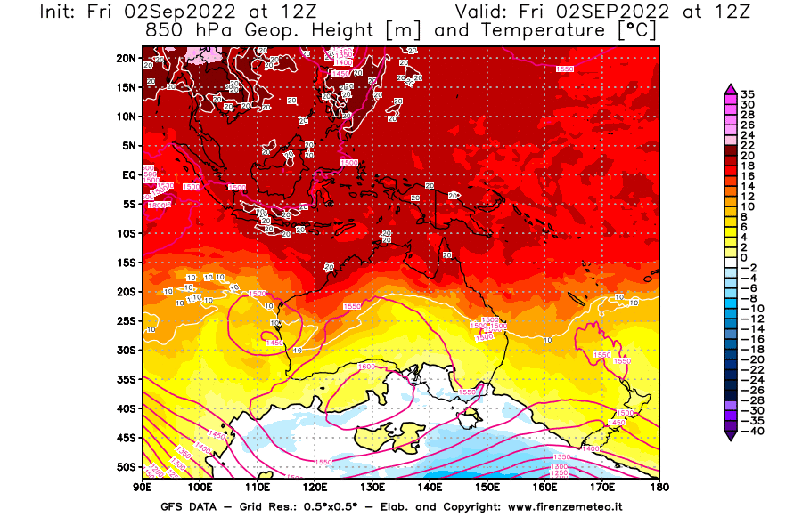 GFS analysi map - Geopotential [m] and Temperature [°C] at 850 hPa in Oceania
									on 02/09/2022 12 <!--googleoff: index-->UTC<!--googleon: index-->