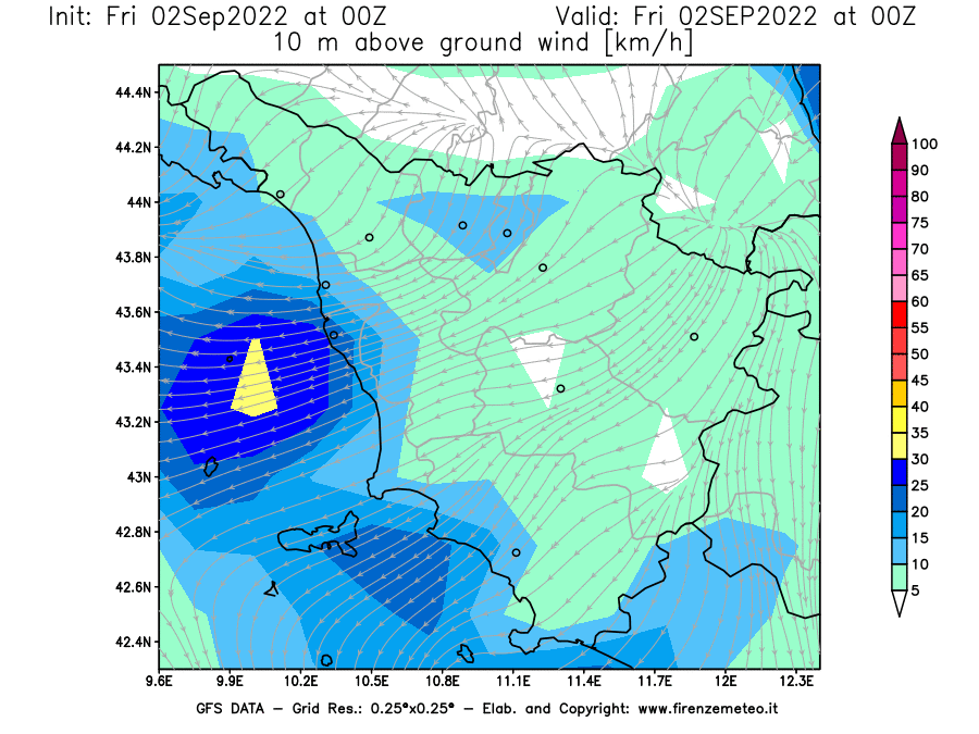 GFS analysi map - Wind Speed at 10 m above ground [km/h] in Tuscany
									on 02/09/2022 00 <!--googleoff: index-->UTC<!--googleon: index-->