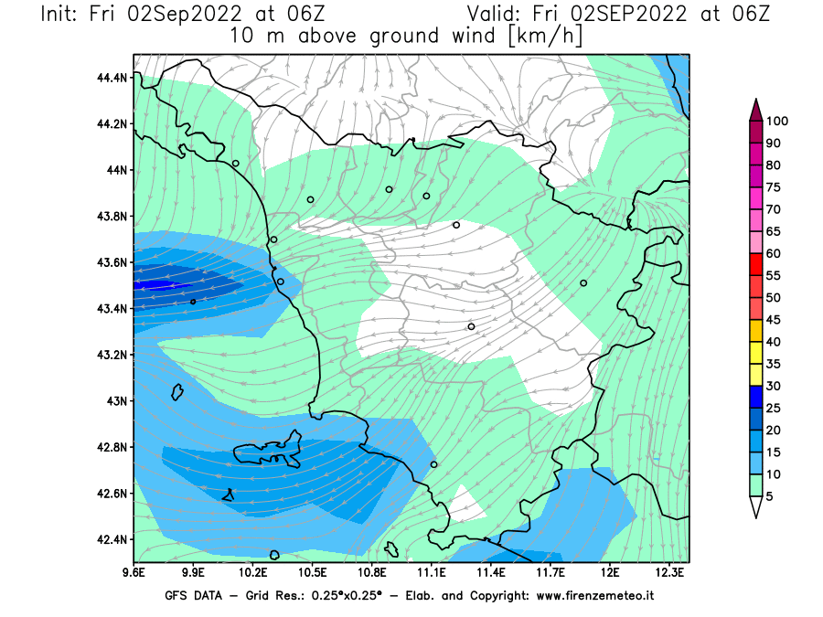 GFS analysi map - Wind Speed at 10 m above ground [km/h] in Tuscany
									on 02/09/2022 06 <!--googleoff: index-->UTC<!--googleon: index-->