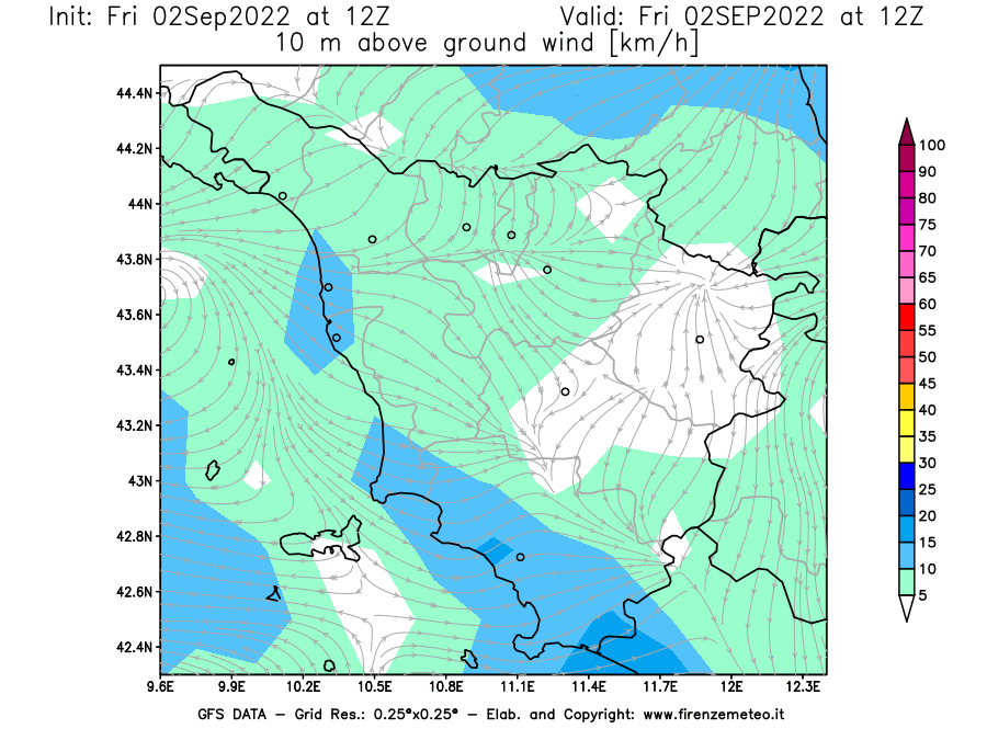 GFS analysi map - Wind Speed at 10 m above ground [km/h] in Tuscany
									on 02/09/2022 12 <!--googleoff: index-->UTC<!--googleon: index-->