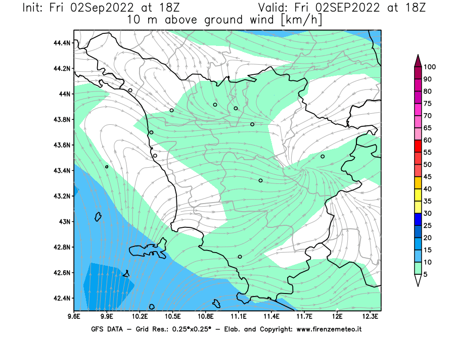 GFS analysi map - Wind Speed at 10 m above ground [km/h] in Tuscany
									on 02/09/2022 18 <!--googleoff: index-->UTC<!--googleon: index-->