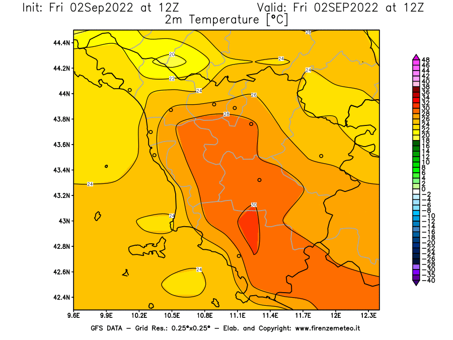 GFS analysi map - Temperature at 2 m above ground [°C] in Tuscany
									on 02/09/2022 12 <!--googleoff: index-->UTC<!--googleon: index-->