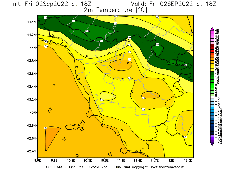 GFS analysi map - Temperature at 2 m above ground [°C] in Tuscany
									on 02/09/2022 18 <!--googleoff: index-->UTC<!--googleon: index-->