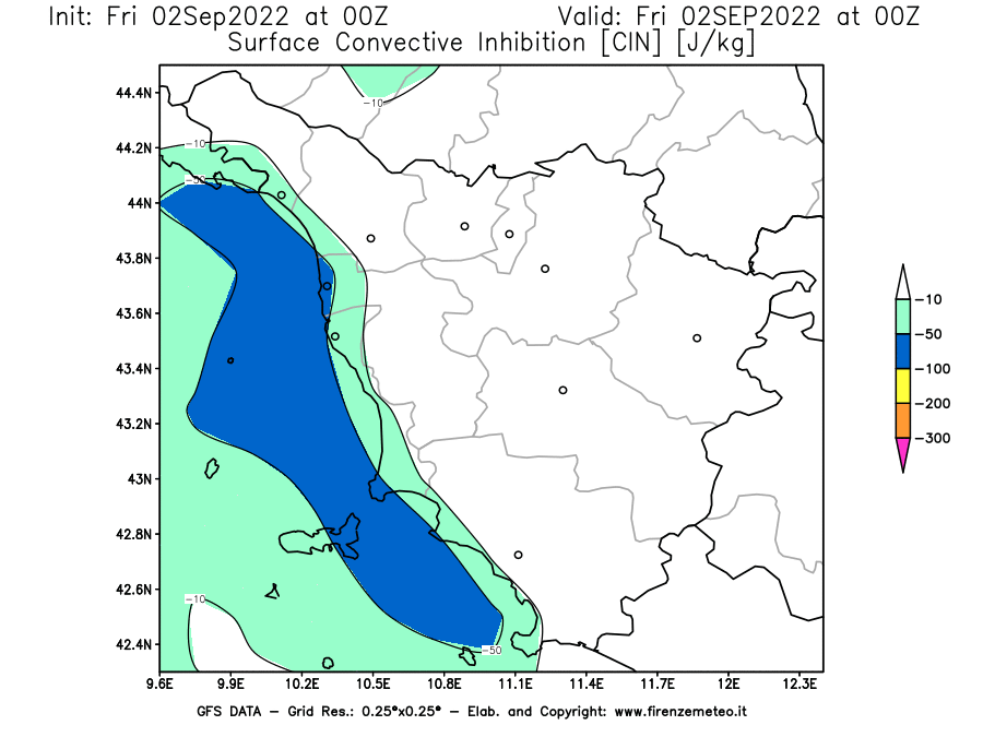 GFS analysi map - CIN [J/kg] in Tuscany
									on 02/09/2022 00 <!--googleoff: index-->UTC<!--googleon: index-->
