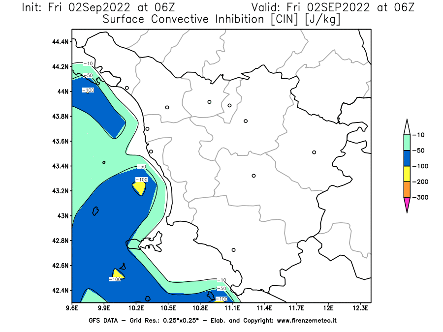 GFS analysi map - CIN [J/kg] in Tuscany
									on 02/09/2022 06 <!--googleoff: index-->UTC<!--googleon: index-->