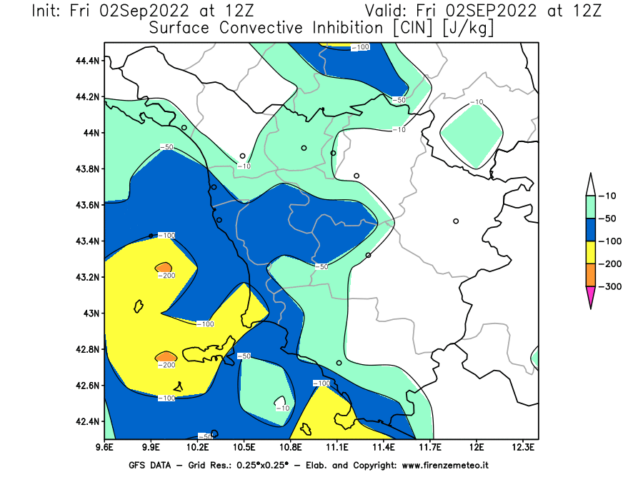 GFS analysi map - CIN [J/kg] in Tuscany
									on 02/09/2022 12 <!--googleoff: index-->UTC<!--googleon: index-->