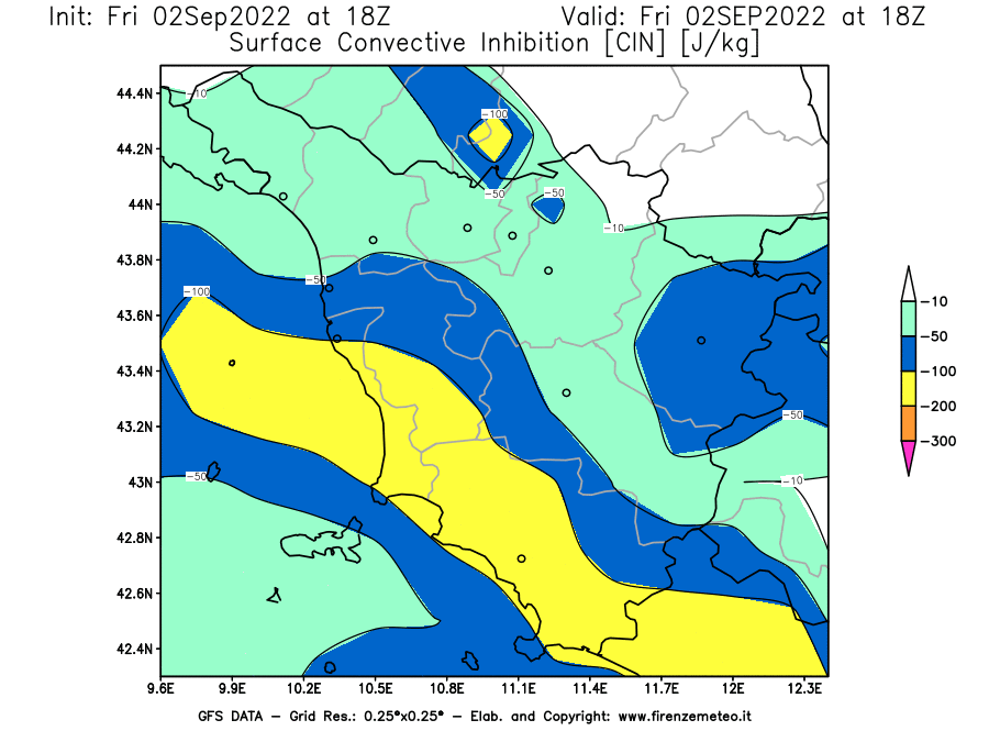 GFS analysi map - CIN [J/kg] in Tuscany
									on 02/09/2022 18 <!--googleoff: index-->UTC<!--googleon: index-->