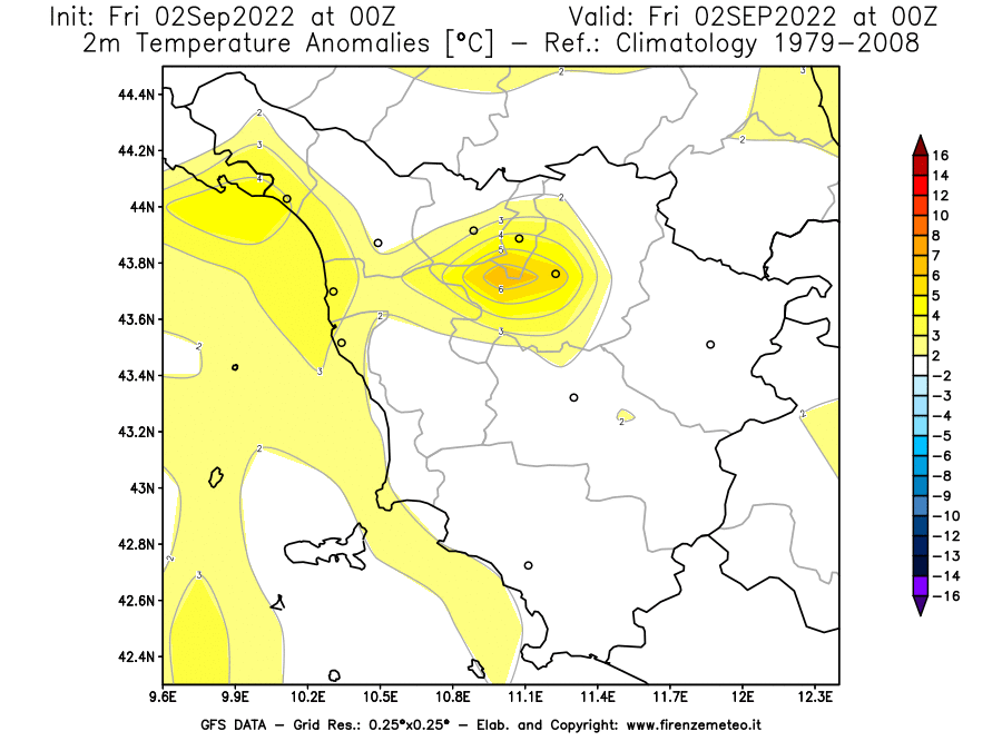 GFS analysi map - Temperature Anomalies [°C] at 2 m in Tuscany
									on 02/09/2022 00 <!--googleoff: index-->UTC<!--googleon: index-->