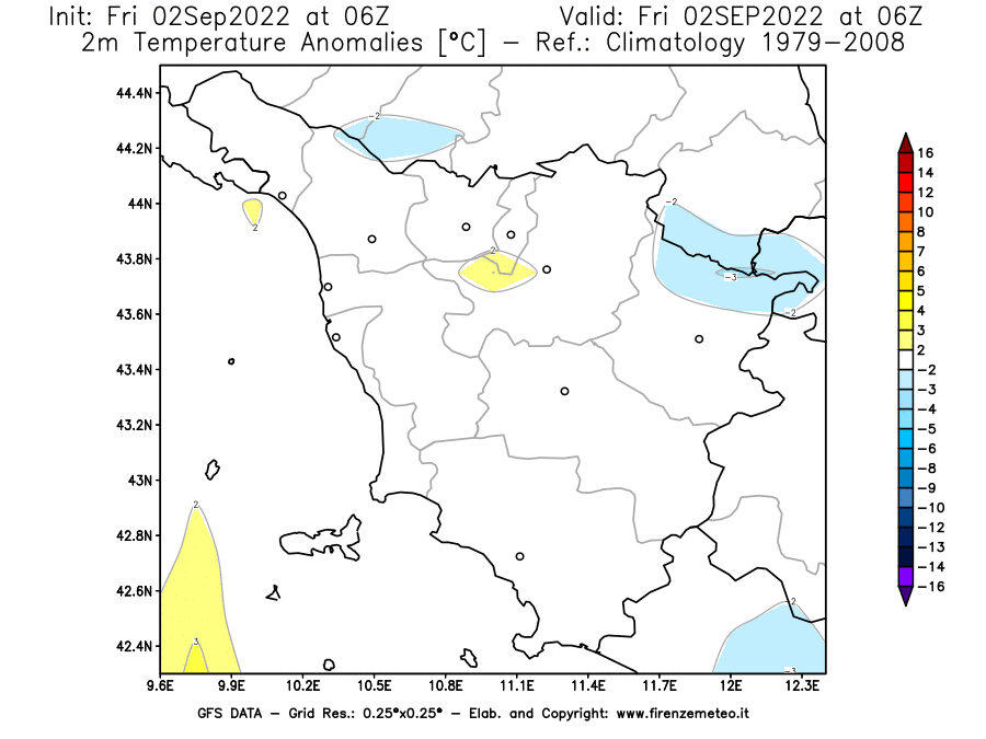 GFS analysi map - Temperature Anomalies [°C] at 2 m in Tuscany
									on 02/09/2022 06 <!--googleoff: index-->UTC<!--googleon: index-->