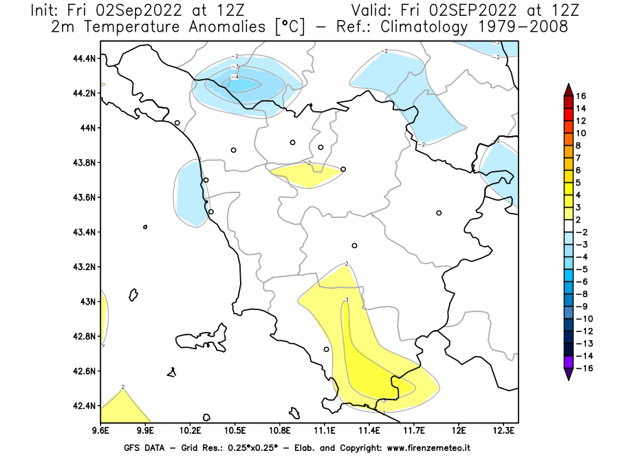 GFS analysi map - Temperature Anomalies [°C] at 2 m in Tuscany
									on 02/09/2022 12 <!--googleoff: index-->UTC<!--googleon: index-->