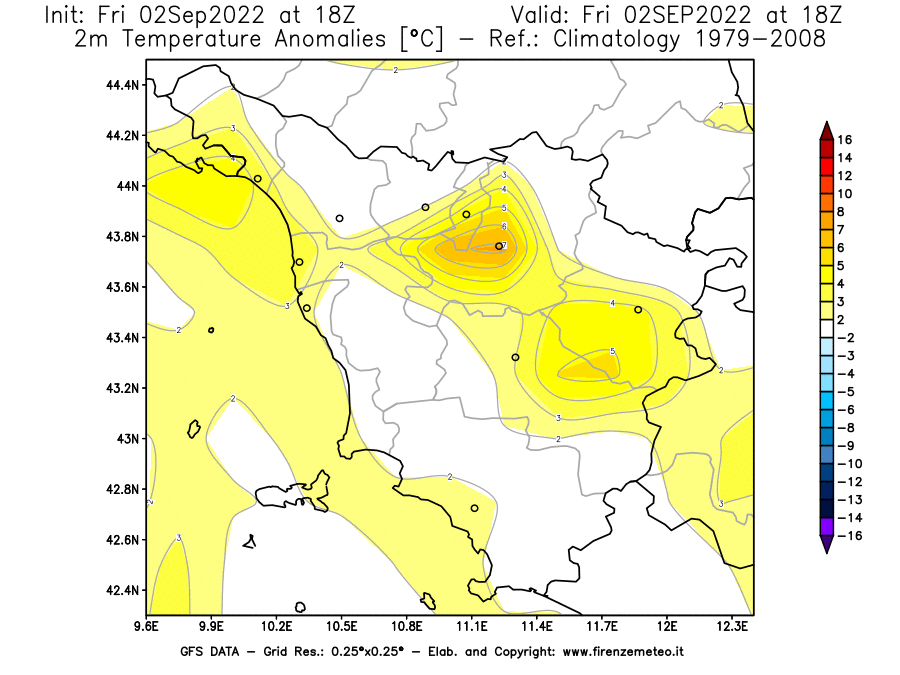 GFS analysi map - Temperature Anomalies [°C] at 2 m in Tuscany
									on 02/09/2022 18 <!--googleoff: index-->UTC<!--googleon: index-->