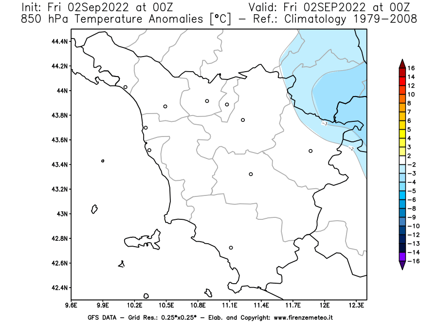 GFS analysi map - Temperature Anomalies [°C] at 850 hPa in Tuscany
									on 02/09/2022 00 <!--googleoff: index-->UTC<!--googleon: index-->