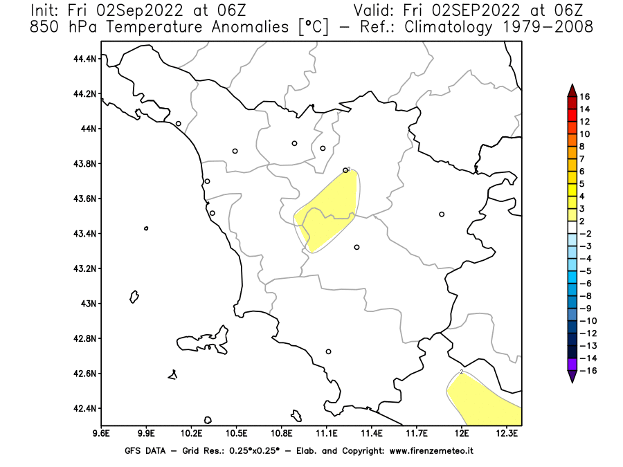 GFS analysi map - Temperature Anomalies [°C] at 850 hPa in Tuscany
									on 02/09/2022 06 <!--googleoff: index-->UTC<!--googleon: index-->