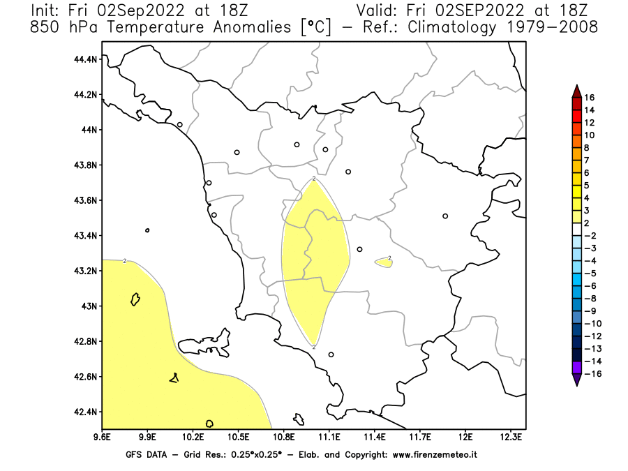GFS analysi map - Temperature Anomalies [°C] at 850 hPa in Tuscany
									on 02/09/2022 18 <!--googleoff: index-->UTC<!--googleon: index-->