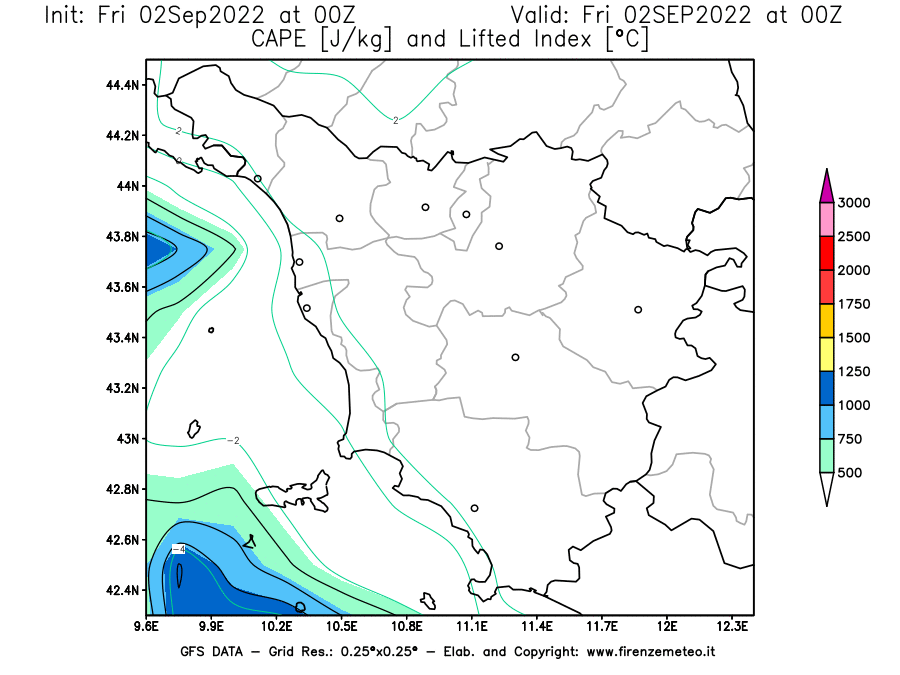 GFS analysi map - CAPE [J/kg] and Lifted Index [°C] in Tuscany
									on 02/09/2022 00 <!--googleoff: index-->UTC<!--googleon: index-->