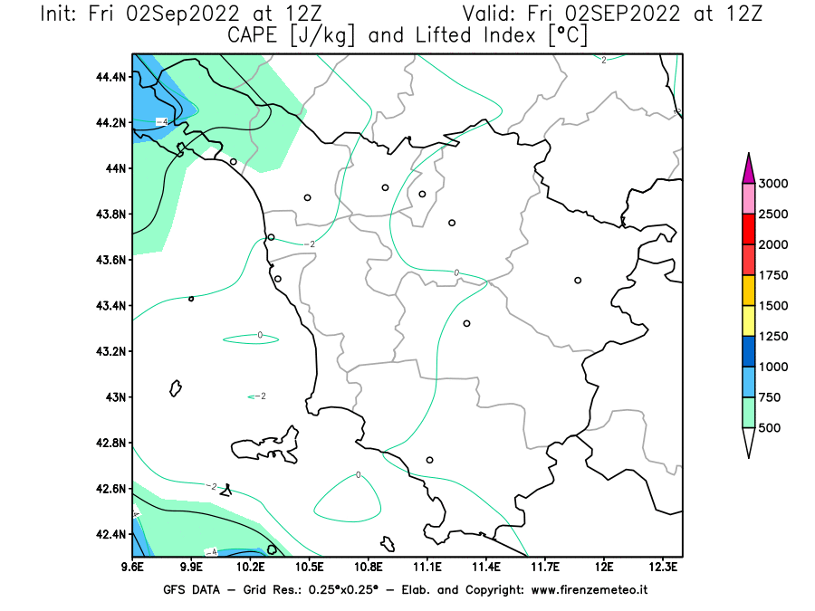 GFS analysi map - CAPE [J/kg] and Lifted Index [°C] in Tuscany
									on 02/09/2022 12 <!--googleoff: index-->UTC<!--googleon: index-->