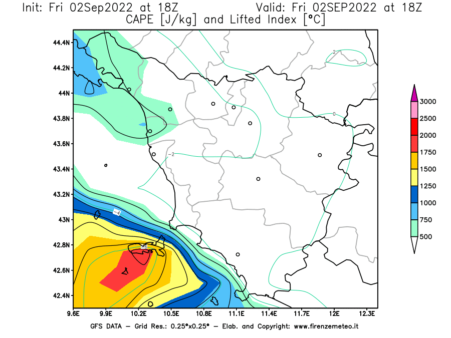 GFS analysi map - CAPE [J/kg] and Lifted Index [°C] in Tuscany
									on 02/09/2022 18 <!--googleoff: index-->UTC<!--googleon: index-->