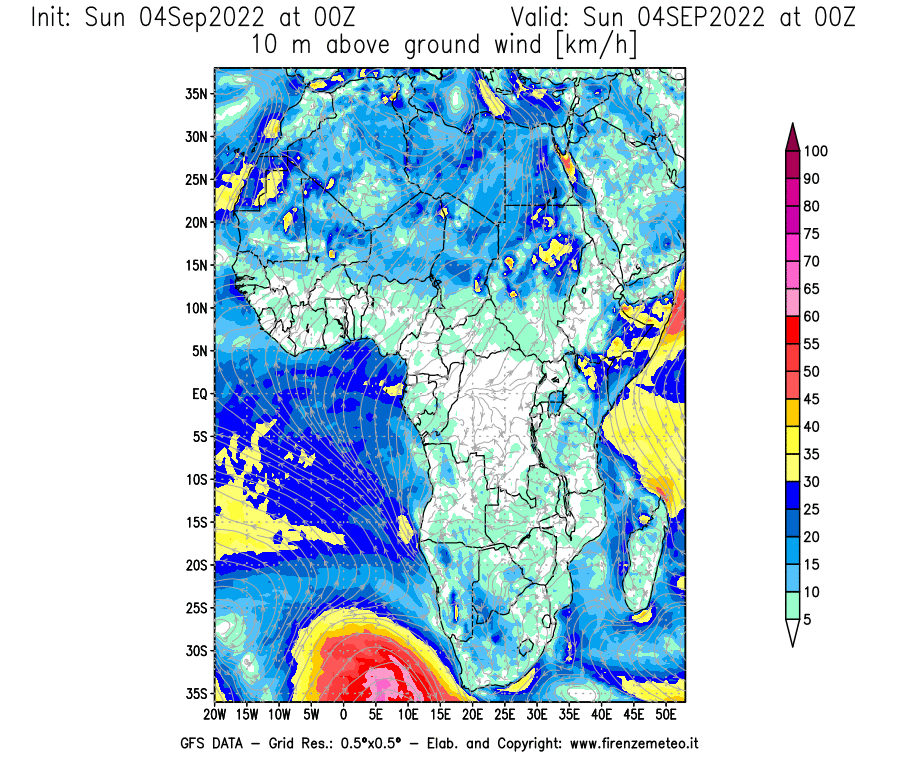 Mappa di analisi GFS - Velocità del vento a 10 metri dal suolo [km/h] in Africa
							del 04/09/2022 00 <!--googleoff: index-->UTC<!--googleon: index-->