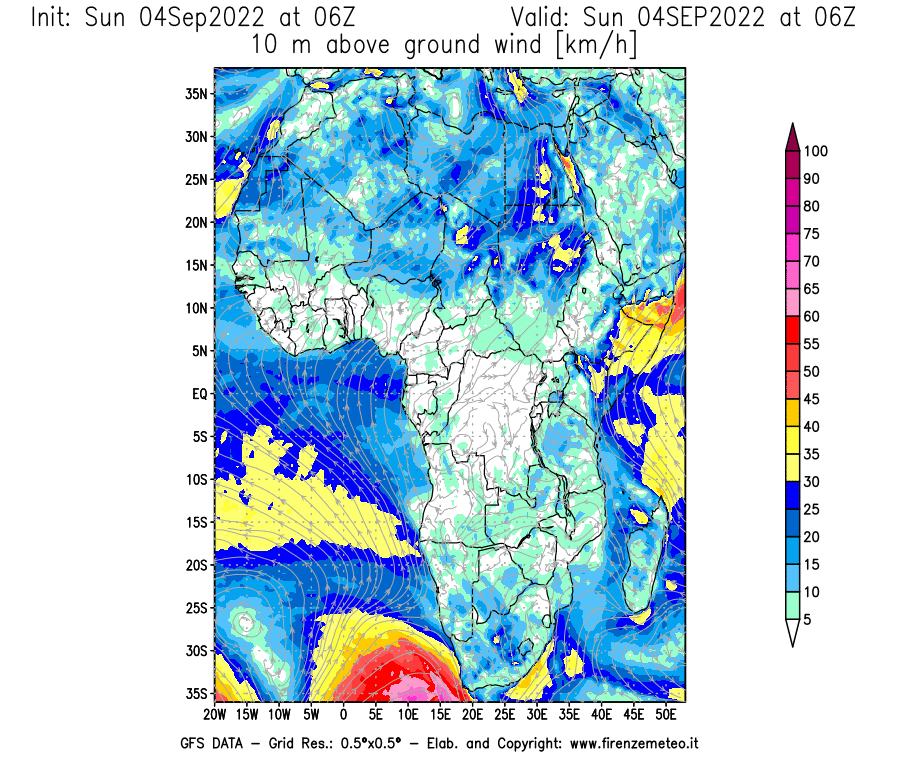 Mappa di analisi GFS - Velocità del vento a 10 metri dal suolo [km/h] in Africa
							del 04/09/2022 06 <!--googleoff: index-->UTC<!--googleon: index-->