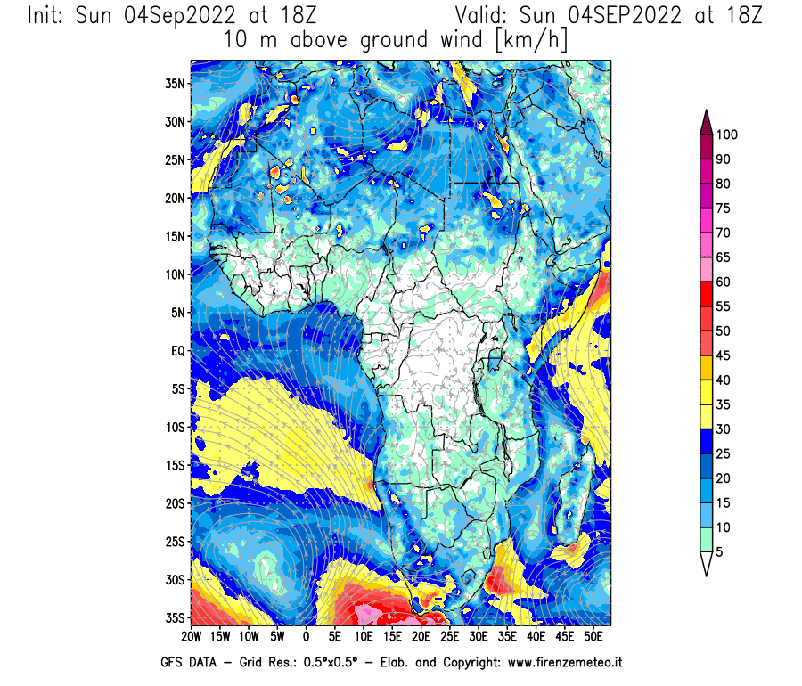 Mappa di analisi GFS - Velocità del vento a 10 metri dal suolo [km/h] in Africa
							del 04/09/2022 18 <!--googleoff: index-->UTC<!--googleon: index-->