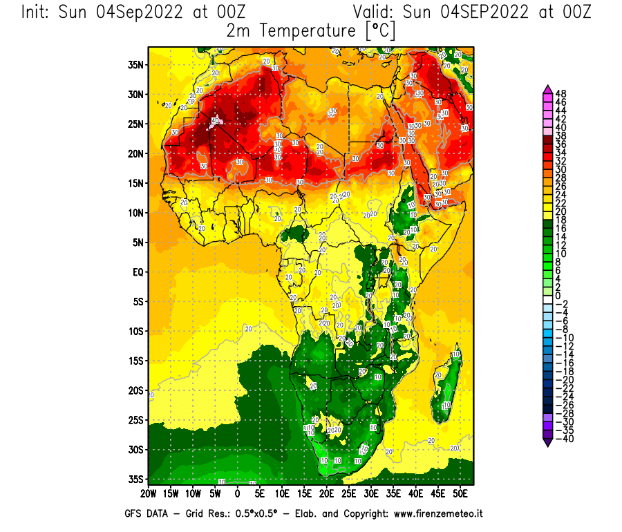 Mappa di analisi GFS - Temperatura a 2 metri dal suolo [°C] in Africa
							del 04/09/2022 00 <!--googleoff: index-->UTC<!--googleon: index-->