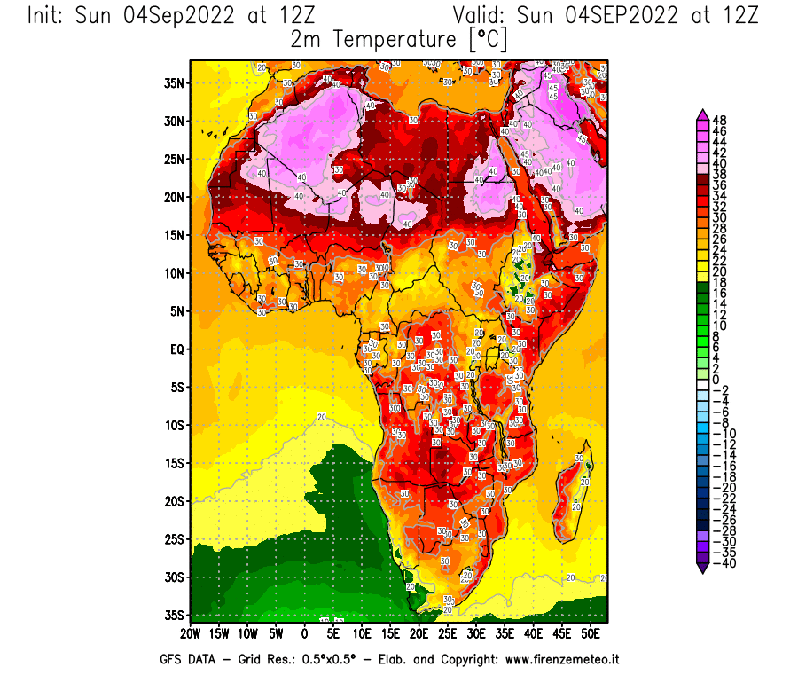 Mappa di analisi GFS - Temperatura a 2 metri dal suolo [°C] in Africa
							del 04/09/2022 12 <!--googleoff: index-->UTC<!--googleon: index-->