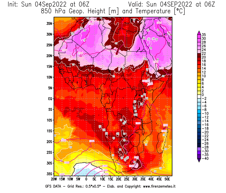 Mappa di analisi GFS - Geopotenziale [m] e Temperatura [°C] a 850 hPa in Africa
							del 04/09/2022 06 <!--googleoff: index-->UTC<!--googleon: index-->