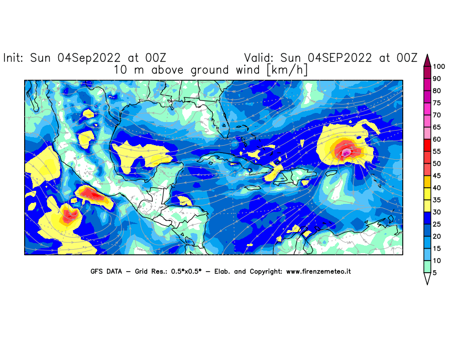 Mappa di analisi GFS - Velocità del vento a 10 metri dal suolo [km/h] in Centro-America
							del 04/09/2022 00 <!--googleoff: index-->UTC<!--googleon: index-->