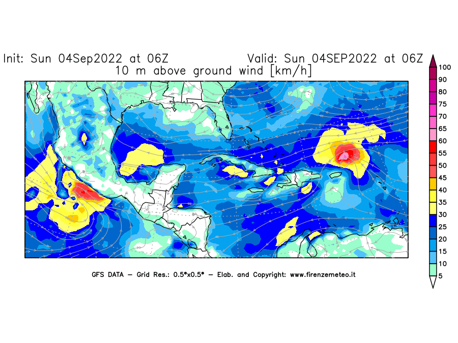 Mappa di analisi GFS - Velocità del vento a 10 metri dal suolo [km/h] in Centro-America
							del 04/09/2022 06 <!--googleoff: index-->UTC<!--googleon: index-->