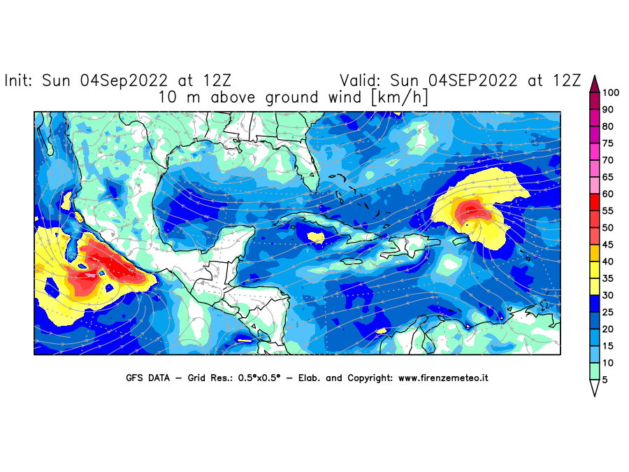 Mappa di analisi GFS - Velocità del vento a 10 metri dal suolo [km/h] in Centro-America
							del 04/09/2022 12 <!--googleoff: index-->UTC<!--googleon: index-->