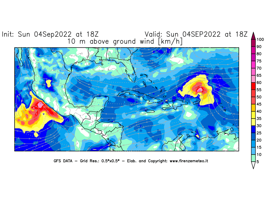 Mappa di analisi GFS - Velocità del vento a 10 metri dal suolo [km/h] in Centro-America
							del 04/09/2022 18 <!--googleoff: index-->UTC<!--googleon: index-->