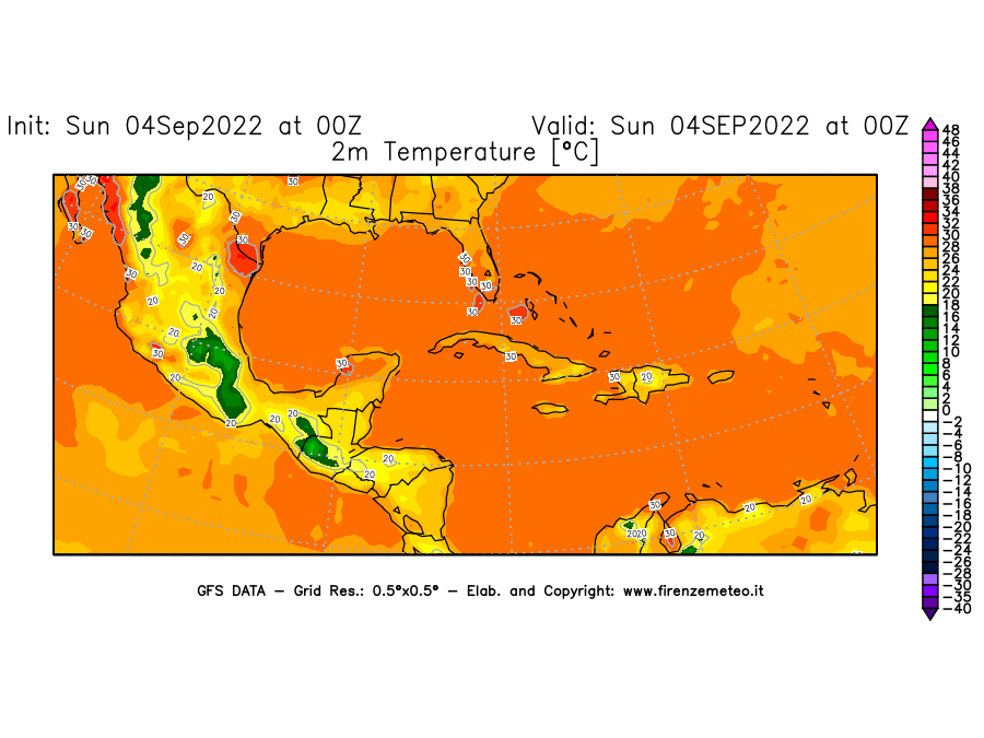 Mappa di analisi GFS - Temperatura a 2 metri dal suolo [°C] in Centro-America
							del 04/09/2022 00 <!--googleoff: index-->UTC<!--googleon: index-->