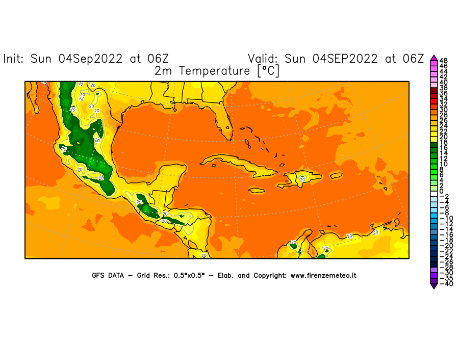 Mappa di analisi GFS - Temperatura a 2 metri dal suolo [°C] in Centro-America
							del 04/09/2022 06 <!--googleoff: index-->UTC<!--googleon: index-->