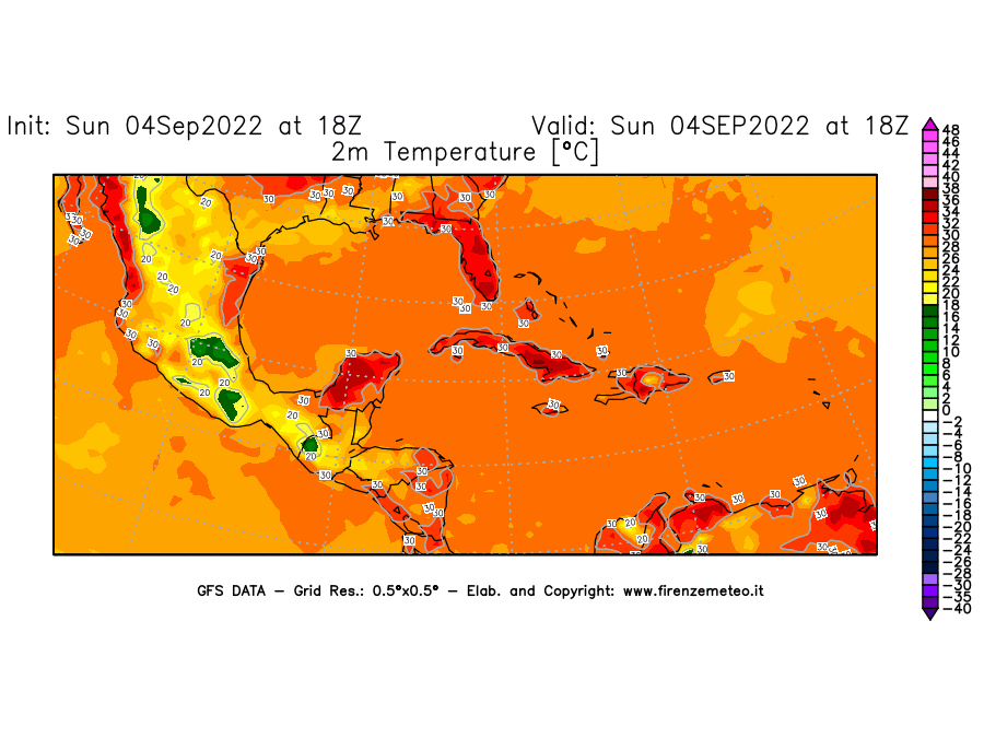 Mappa di analisi GFS - Temperatura a 2 metri dal suolo [°C] in Centro-America
							del 04/09/2022 18 <!--googleoff: index-->UTC<!--googleon: index-->