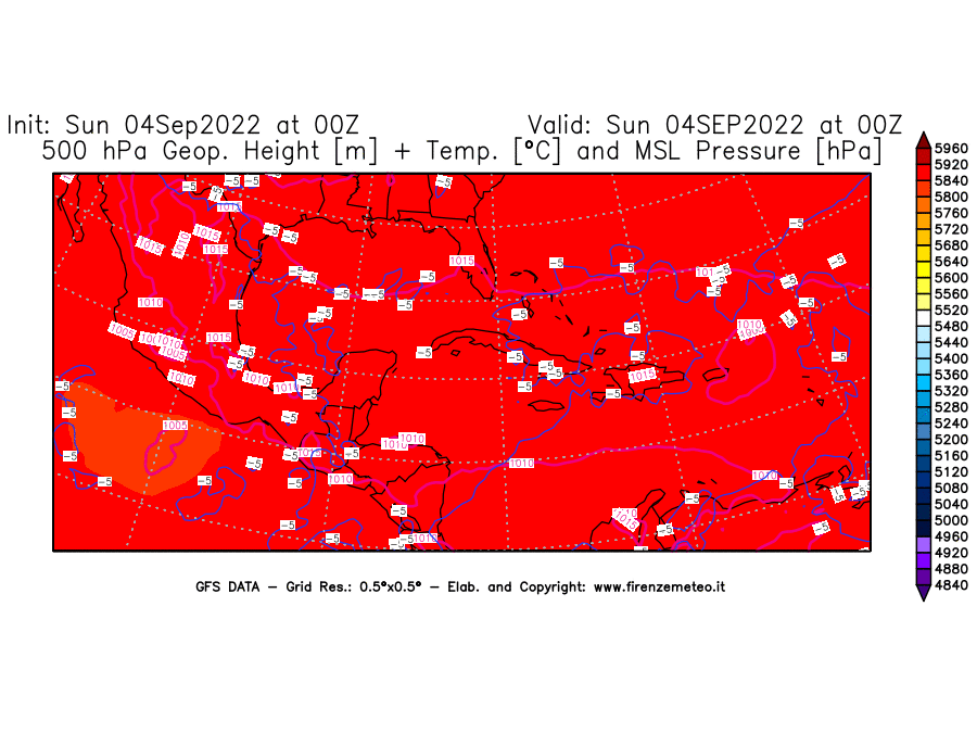 Mappa di analisi GFS - Geopotenziale [m] + Temp. [°C] a 500 hPa + Press. a livello del mare [hPa] in Centro-America
							del 04/09/2022 00 <!--googleoff: index-->UTC<!--googleon: index-->