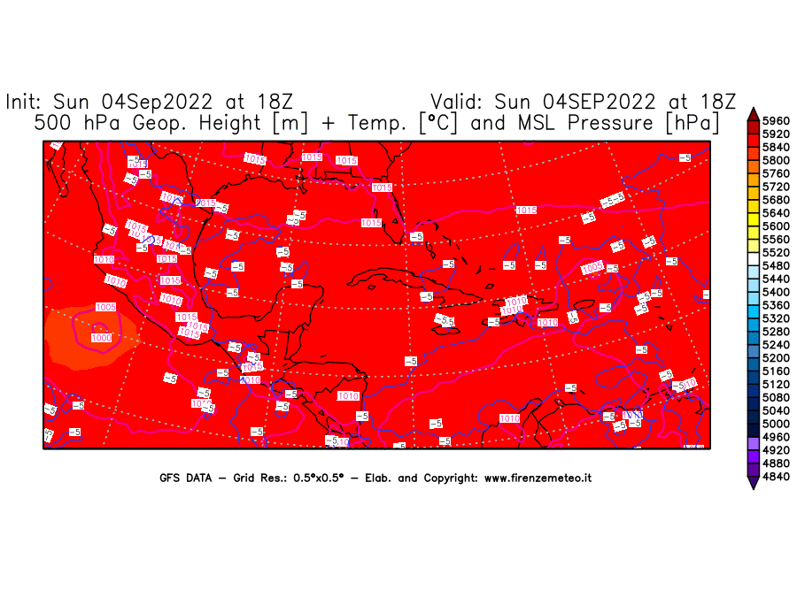 Mappa di analisi GFS - Geopotenziale [m] + Temp. [°C] a 500 hPa + Press. a livello del mare [hPa] in Centro-America
							del 04/09/2022 18 <!--googleoff: index-->UTC<!--googleon: index-->