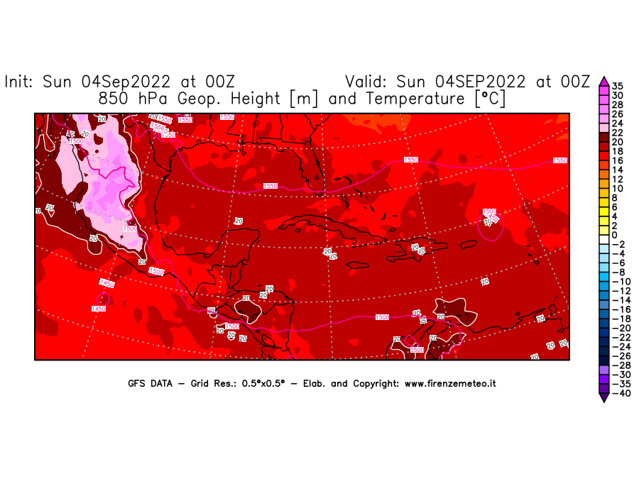 Mappa di analisi GFS - Geopotenziale [m] e Temperatura [°C] a 850 hPa in Centro-America
							del 04/09/2022 00 <!--googleoff: index-->UTC<!--googleon: index-->