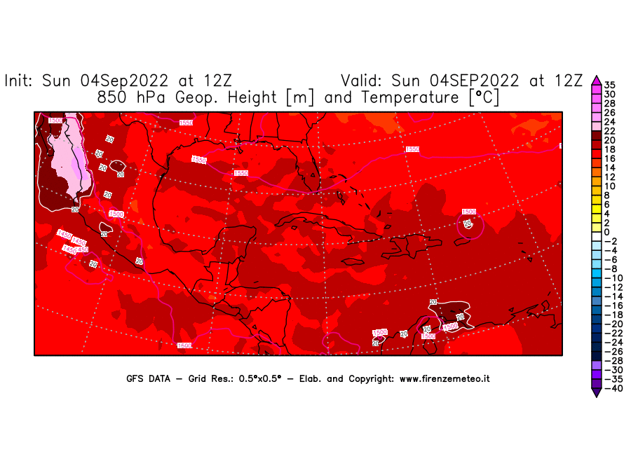 Mappa di analisi GFS - Geopotenziale [m] e Temperatura [°C] a 850 hPa in Centro-America
							del 04/09/2022 12 <!--googleoff: index-->UTC<!--googleon: index-->