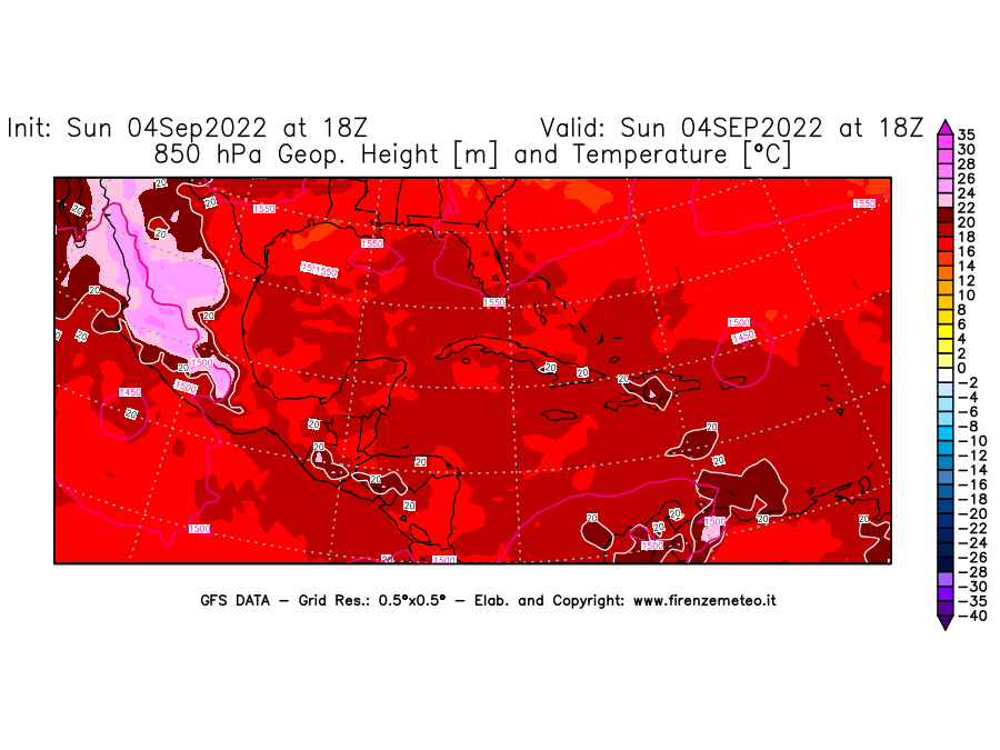 Mappa di analisi GFS - Geopotenziale [m] e Temperatura [°C] a 850 hPa in Centro-America
							del 04/09/2022 18 <!--googleoff: index-->UTC<!--googleon: index-->
