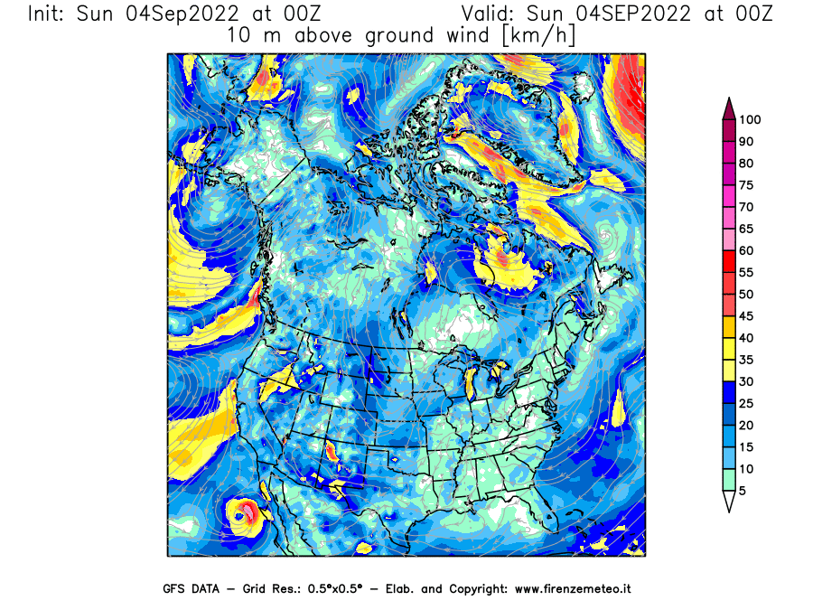 Mappa di analisi GFS - Velocità del vento a 10 metri dal suolo [km/h] in Nord-America
							del 04/09/2022 00 <!--googleoff: index-->UTC<!--googleon: index-->
